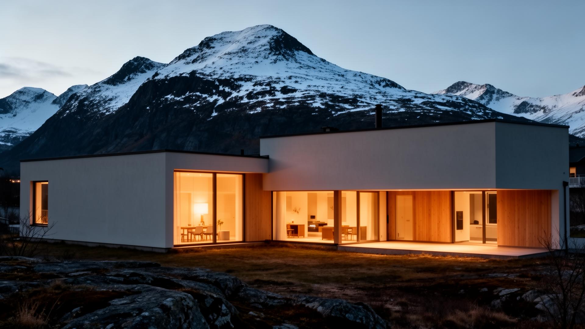 Nordisk hus i fjellandskap ved skumring